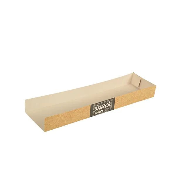 Un vassoio rettangolare beige PAPSTAR 50 snack, cartone "pure" "Good Food" della PAPSTAR GmbH con esterno marrone ed etichetta "Good Food" - una scelta ecologica per ogni occasione, rappresentato vuoto su sfondo bianco.
