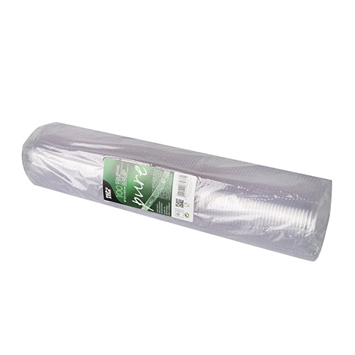 Eine Packung PAPSTAR 100 Dom-Deckel, PLA „pure“ Runddeckel (Ø 9,5 cm, Höhe 4,5 cm, klar) der PAPSTAR GmbH ist in transparente Folie eingewickelt und mit einem grün-weißen Lebensmittelverpackungen-Etikett versehen; die Deckel sind liegend gestapelt.