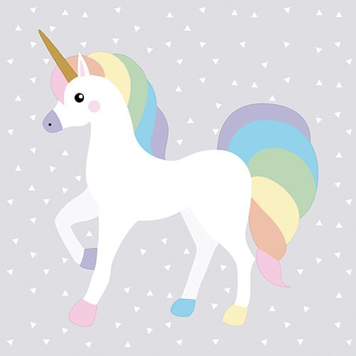 Un unicorno bianco con corno dorato e criniera arcobaleno pastello in piedi su tre gambe, raffigurato su PAPSTAR GmbH 20 tovaglioli, 33x33 cm, 3 strati piega 1/4 design set 1, con sfondo grigio chiaro e piccoli triangoli bianchi.