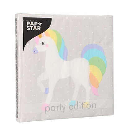 Una confezione di PAPSTAR GmbH 20 tovaglioli, 33 cm x 33 cm, 3 strati, con un unicorno cartoon e criniera arcobaleno su grigio chiaro. Sulla confezione c'è scritto "PAPSTAR" e "party edition".