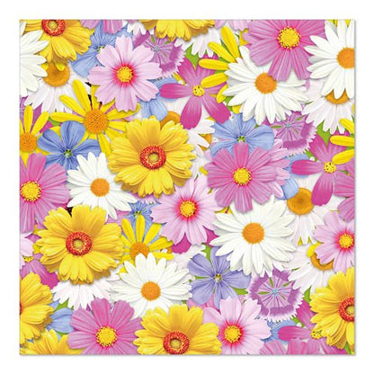 Un motivo floreale vivace e denso con fiori gialli, bianchi, rosa e viola decora i PAPSTAR 20 tovaglioli (33 cm x 33 cm, 3 veli, 1/4 piegati) della PAPSTAR GmbH e crea un'immagine vivace con petali sovrapposti.