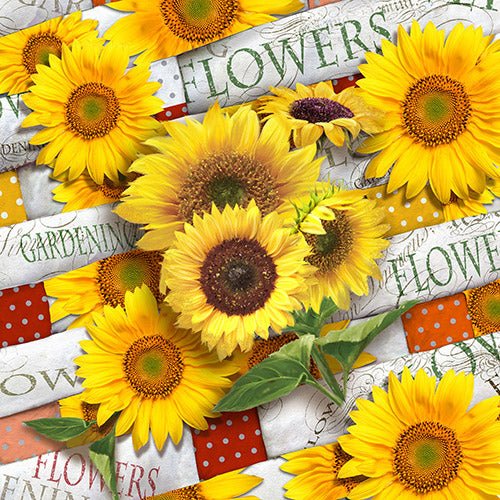 Girasoli gialli brillanti con strisce di tessuto a pois e parole adornano i PAPSTAR 20 tovaglioli, 33 cm x 33 cm, 3 strati, design set 1 di PAPSTAR GmbH - perfetti per una decorazione da tavola elegante.