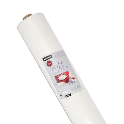 È raffigurato un grande rotolo di tovaglia Starpak, simile al tessuto, in tessuto non tessuto "soft selection" (25 m x 1,18 m, bianco) con un'etichetta con simbolo di cuscino e dettagli del prodotto, fotografato davanti a uno sfondo bianco semplice.