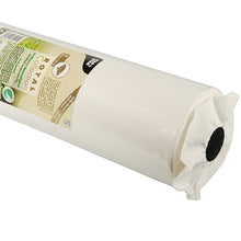 Un primo piano della tovaglia ROYAL Collection, bianca (25 m x 1,18 m), di PAPSTAR GmbH mostra una tovaglia bianca arrotolata con superficie strutturata e etichetta beige su sfondo bianco.