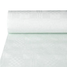 Un progetto parzialmente implementato PAPSTAR Sul tavolo è stesa una tovaglia di carta con goffratura damascata in un elegante bianco, che mette in risalto il motivo geometrico discreto di questa tovaglia festiva di alta qualità di PAPSTAR S.r.l.
