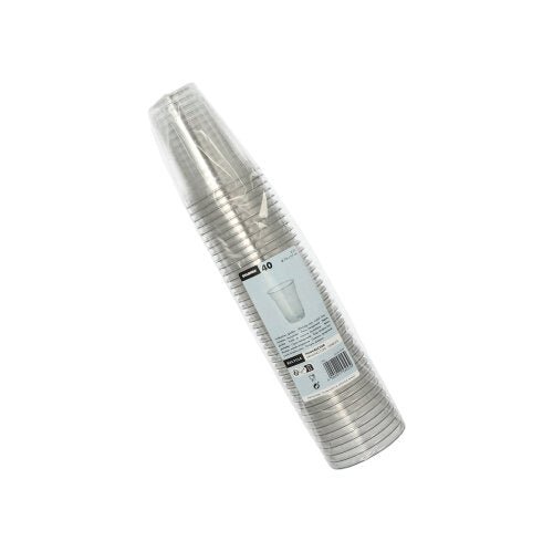 Una confezione di 40 bicchieri trasparenti Starpak Hurricane PET 0,2 l (Ø 7,8 cm x 9,7 cm) è avvolta in pellicola e ha al centro un'etichetta bianca con i dettagli del prodotto.