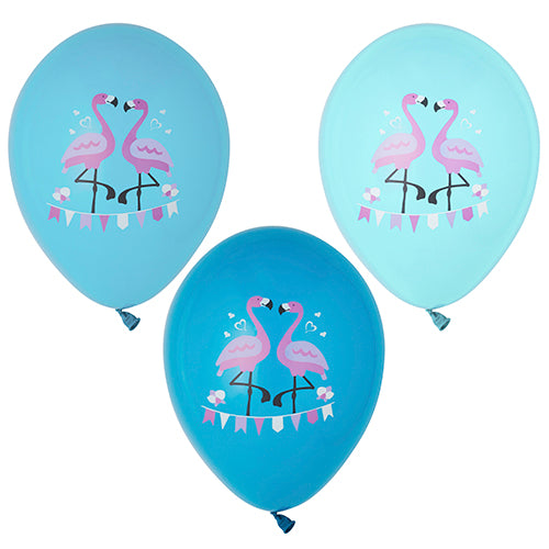 Il set della PAPSTAR GmbH comprende 6 palloncini assortiti colorati (Ø 29 cm) ciascuno con due fenicotteri rosa con cuori, fiori e una ghirlanda di bandierine.