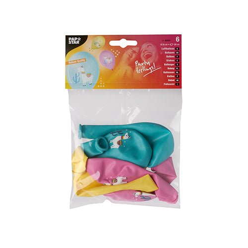 Una confezione con sei palloncini trasparenti della PAPSTAR GmbH (29 cm) in giallo, rosa e verde acqua, ciascuno con stampa di lama. L'etichetta superiore è rosso-arancione e riporta la scritta „PAPSTAR“ e „Party Feeling!“. Prodotto: PAPSTAR 6 palloncini assortiti colorati.