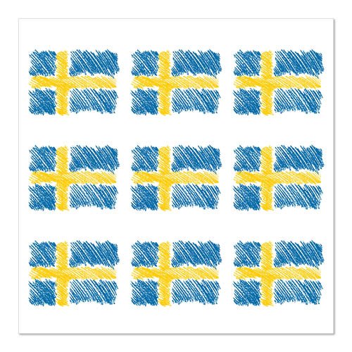 Nove bandiere svedesi disegnate a mano in una griglia 3x3 su bianco, ciascuna con una croce gialla su blu e una texture schizzata. Ideale per il set di design 1 da 20 tovaglioli di PAPSTAR GmbH, 33x33 cm, 3 strati, piega 1/4.