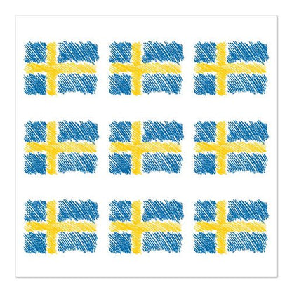 Nove bandiere svedesi disegnate a mano in una griglia 3x3 su bianco, ciascuna con una croce gialla su blu e una texture schizzata. Ideale per il set di design 1 da 20 tovaglioli di PAPSTAR GmbH, 33x33 cm, 3 strati, piega 1/4.