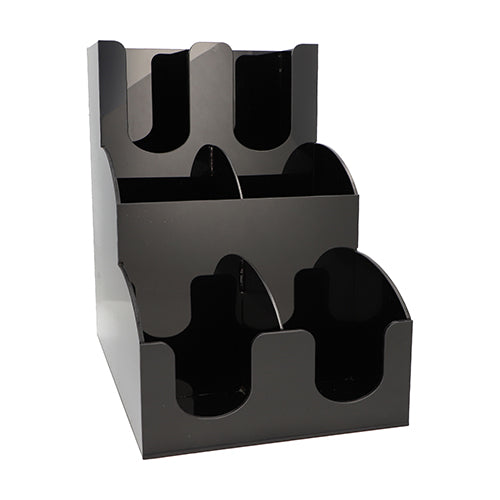 Il dispenser Starpak per bicchieri e coperchi "To Go" è un organizzatore acrilico nero a tre livelli con sei scomparti aperti in due colonne - perfetto per presentare e distribuire in modo ordinato bicchieri, coperchi, opuscoli o brochure.