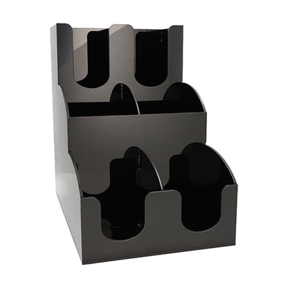 Il dispenser Starpak per bicchieri e coperchi "To Go" è un organizzatore acrilico nero a tre livelli con sei scomparti aperti in due colonne - perfetto per presentare e distribuire in modo ordinato bicchieri, coperchi, opuscoli o brochure.