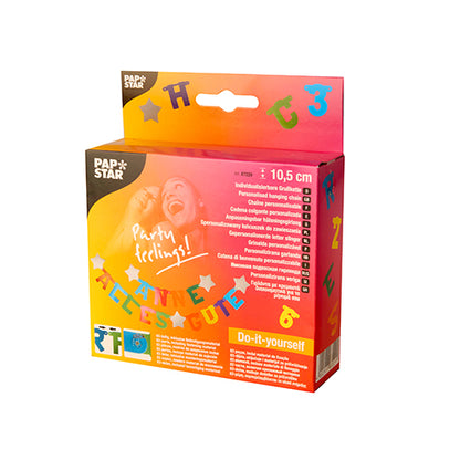 L'articolo fuori produzione PAPSTAR GmbH set di catene di saluti personalizzabili viene in una scatola colorata con lettere colorate, motivi allegri, testo multilingue e dettagli del prodotto inclusi dimensioni sulla parte anteriore.