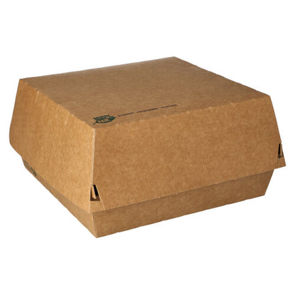 Le scatole per hamburger PAPSTAR in cartone marrone (9x18,5x18,5 cm), "100% Fair", 25 pezzi - pratiche ed ecologiche da PAPSTAR GmbH - sono con coperchio a ribalta su sfondo bianco, ideali per l'asporto.