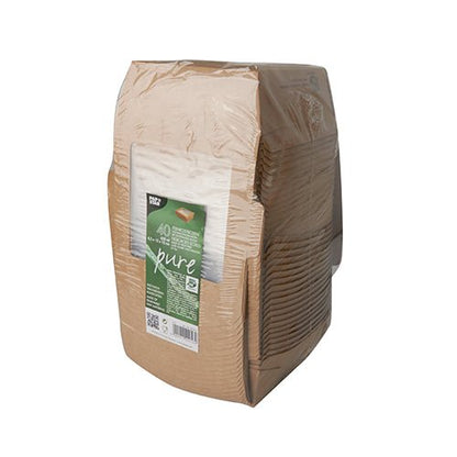 Una confezione sigillata con 40 PAPSTAR scatole di prelibatezze rettangolari, marroni con finestra trasparente (650 ml), "100% Equo" di PAPSTAR GmbH. Vassoi monouso rettangolari e rigati in plastica trasparente - confezioni monouso ecologiche con etichetta del prodotto.