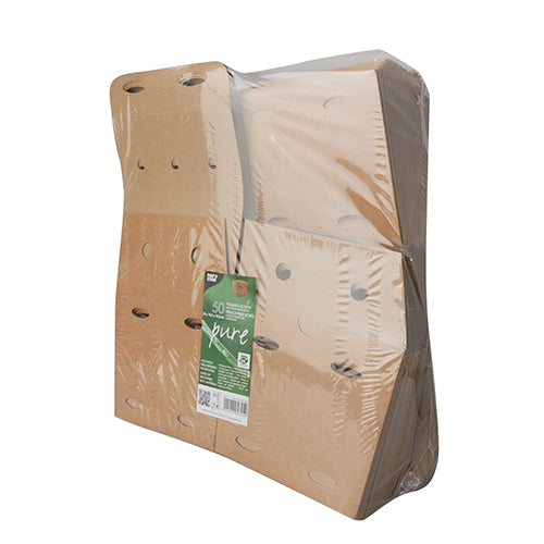 Una confezione di 50 PAPSTAR scatole per patatine fritte in cartone marrone "pure" con l'etichetta "100% equo", confezionata in pellicola trasparente. Prodotte ecologicamente dalla PAPSTAR GmbH per una scelta sostenibile.