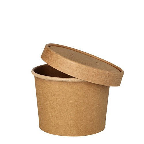 Un bicchiere di zuppa marrone e rotondo PAPSTAR (9,8 cm) per zuppe e snack è vuoto con il coperchio corrispondente inclinato verso l'alto su sfondo bianco. Confezione da 25 pezzi di PAPSTAR GmbH.