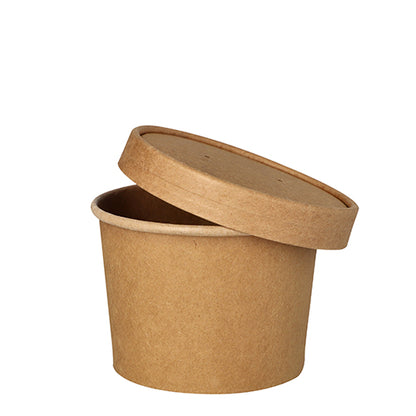 Un bicchiere di zuppa marrone e rotondo PAPSTAR (9,8 cm) per zuppe e snack è vuoto con il coperchio corrispondente inclinato verso l'alto su sfondo bianco. Confezione da 25 pezzi di PAPSTAR GmbH.