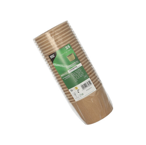 25 bicchieri di zuppa marroni e scanalati PAPSTAR rotondi (9,8 cm) della PAPSTAR GmbH in confezione di plastica con etichetta verde con simboli di quantità e riciclo - i bicchieri ecologici ideali per zuppe e snack.
