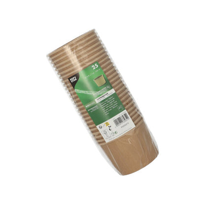 25 bicchieri di zuppa marroni e scanalati PAPSTAR rotondi (9,8 cm) della PAPSTAR GmbH in confezione di plastica con etichetta verde con simboli di quantità e riciclo - i bicchieri ecologici ideali per zuppe e snack.