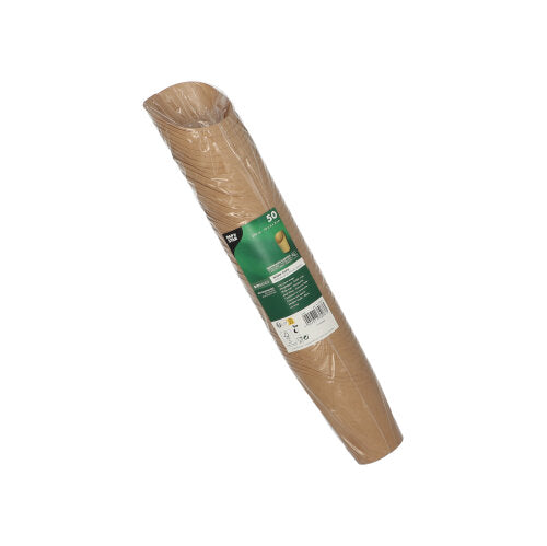 Su sfondo bianco è raffigurato un rotolo inclinato di PAPSTAR 50 Wrap Cups marroni (cartone marrone) avvolti in pellicola trasparente e con un'etichetta verde-bianca della PAPSTAR GmbH.