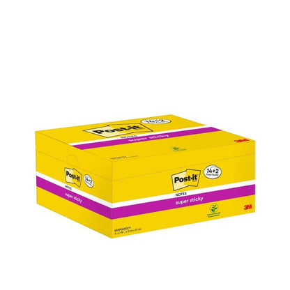Raffigurata è una confezione di Post-it® Super Sticky Notes, Giallo, 76x127 mm, 90 fogli per blocco, 14 blocchi più 2 gratis per confezione (100% PEFC) di 3M Deutschland GmbH su sfondo bianco.