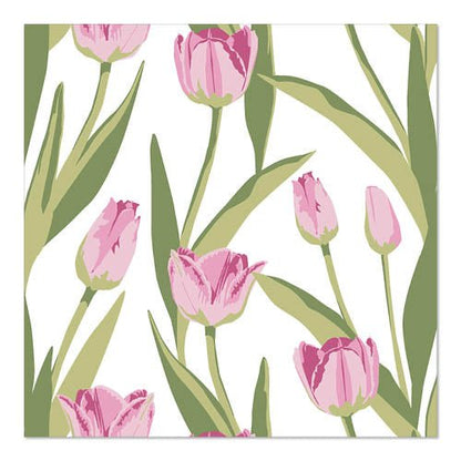 Illustrazione di tulipani rosa in fiore con foglie verdi su bianco, ideale come modello ripetibile per PAPSTAR 20 tovaglioli, 33cm x 33cm 3 strati piega 1/4 design set 1 di PAPSTAR GmbH.