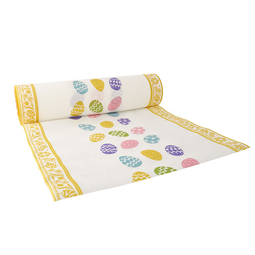 Il PAPSTAR runner da tavola (24 m x 40 cm, Airlaid, simile al tessuto) della PAPSTAR GmbH è bianco con bordo giallo e motivi di uova di Pasqua colorate - ideale come decorazione da tavola elegante per occasioni festive.