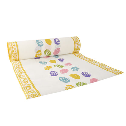Il PAPSTAR runner da tavola (24 m x 40 cm, Airlaid, simile al tessuto) della PAPSTAR GmbH è bianco con bordo giallo e motivi di uova di Pasqua colorate - ideale come decorazione da tavola elegante per occasioni festive.