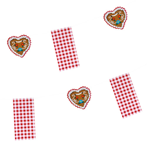 La PAPSTAR ghirlanda di bandiere di carta "Hüttengaudi" (4 m) della PAPSTAR GmbH è una decorazione festiva per feste con bandiere a quadretti rosso-bianco e motivi di pan di zenzero a forma di cuore decorati con glassa bianca e blu. Lo sfondo è bianco uniforme.