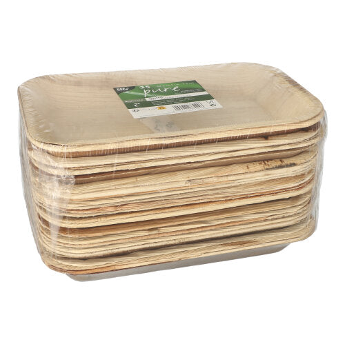 Una pila di PAPSTAR 25 vassoi, foglia di palma "pure" rettangolari della PAPSTAR GmbH, confezionati in pellicola trasparente con etichetta verde-bianca; queste piastre rettangolari sono biodegradabili.