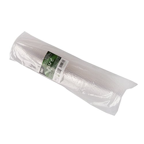 Una confezione da 100 coperchi rotondi "pure" (Ø 9,5 cm) della PAPSTAR GmbH in PLA trasparente ed ecologico, con etichetta verde-bianca con testo, codice a barre e "biodegradabile", in confezione trasparente.