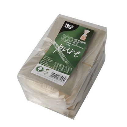 I 300 sacchetti di cellophane "pure" trasparenti della PAPSTAR GmbH vengono consegnati in una confezione sostenibile con etichetta verde. I sacchetti marroni, biodegradabili, sono visibili all'interno – perfetti per chi tiene alla confezione ecologica.