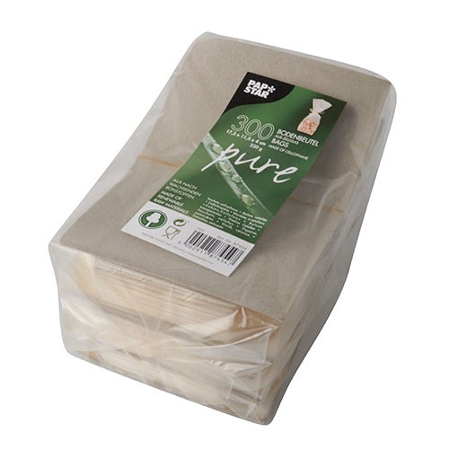 Una confezione trasparente con 300 pezzi di sacchetti di cellophane "pure" della PAPSTAR GmbH, biodegradabili e compostabili, ideale per confezionamenti sostenibili.