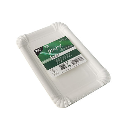 Una confezione di 12 piatti usa e getta rettangolari bianchi PAPSTAR "pure" (13x20 cm) per feste, con bordo rialzato e angoli arrotondati, della PAPSTAR GmbH. Confezione ecologica sigillata con simboli di riciclaggio sull'etichetta.