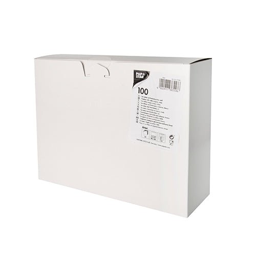 Le tasche per posate Starpak 100 Airlaid (40 x 48 cm, con piega per posate) vengono fornite in una scatola bianca rettangolare con coperchio semplice, due fori in alto, un'etichetta '100' sul davanti, un codice a barre e istruzioni per la cura - ideali per la decorazione della tavola.