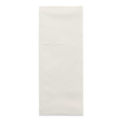 Le tasche per posate Starpak 100, Airlaid 40 cm x 48 cm con piega per posate, sono pulite e piegate e vengono presentate su uno sfondo bianco semplice - ideali per una decorazione da tavola elegante.