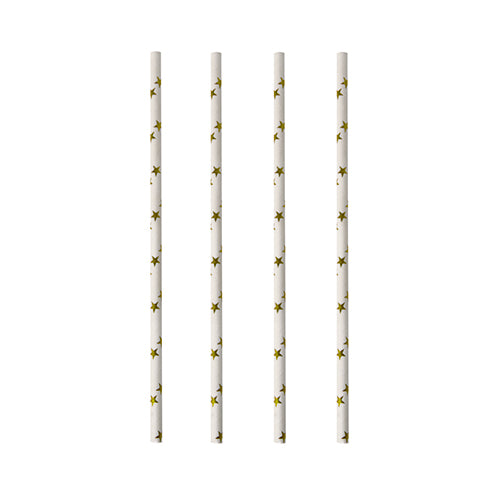 Quattro PAPSTAR 100 cannucce (Ø 6 mm) di PAPSTAR GmbH con motivi a stelle gialle sono disposte verticalmente su sfondo bianco.