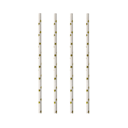 Quattro PAPSTAR 100 cannucce (Ø 6 mm) di PAPSTAR GmbH con motivi a stelle gialle sono disposte verticalmente su sfondo bianco.