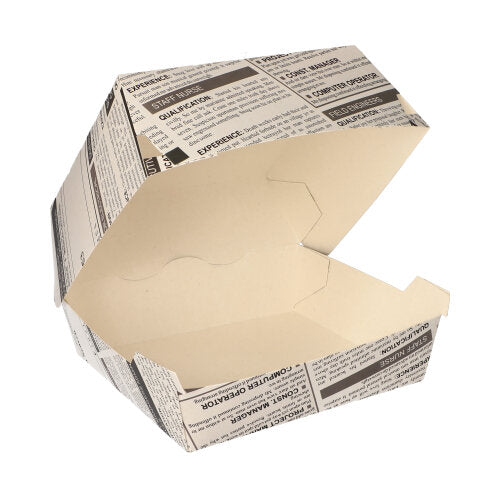 Le PAPSTAR scatole per hamburger "Newsprint" grandi (7,8x11x11,5 cm, cartone), di PAPSTAR GmbH, sono aperte e vuote con il loro design a giornale su sfondo bianco. La confezione contiene 50 pezzi in pellicola termoretraibile.