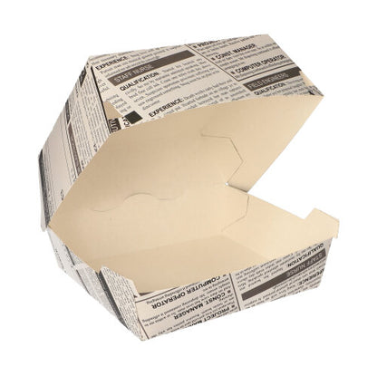 Le PAPSTAR scatole per hamburger "Newsprint" grandi (7,8x11x11,5 cm, cartone), di PAPSTAR GmbH, sono aperte e vuote con il loro design a giornale su sfondo bianco. La confezione contiene 50 pezzi in pellicola termoretraibile.