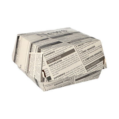 Le PAPSTAR scatole per hamburger "Newsprint" grandi (7,8x11x11,5 cm, cartone | pellicola termoretraibile, 50 pezzi) della PAPSTAR GmbH sono contenitori per alimenti chiusi con motivo a giornale in bianco e nero su sfondo bianco uniforme.