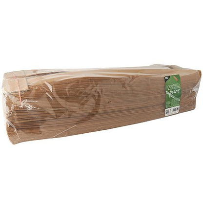 Un grande mucchio di PAPSTAR sacchetti trasparenti 1000 con finestra in PLA "pure", marroni della PAPSTAR GmbH, confezionati in un imballaggio ecologico con un'etichetta verde-bianca su un'estremità.