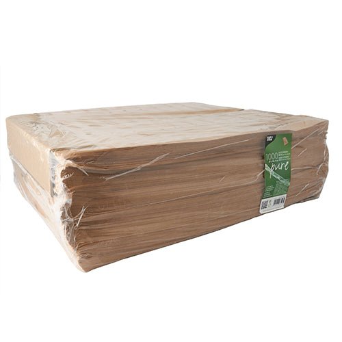 Un pacchetto di 1.000 PAPSTAR sacchetti trasparenti 1000 con finestra in PLA "pure", marrone della PAPSTAR GmbH, confezionato in un imballaggio ecologico con etichetta verde.