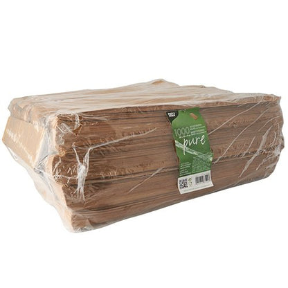 Un grande mucchio di PAPSTAR sacchetti trasparenti 1000 con finestra in PLA "pure", marroni della PAPSTAR GmbH è confezionato in plastica trasparente e posizionato su uno sfondo bianco semplice con un'etichetta verde "1000 pure". Il pacchetto è biodegradabile.