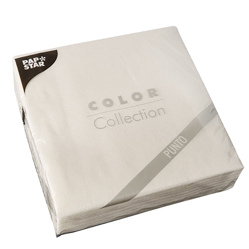 Una confezione sigillata di 30 tovaglioli bianchi a 2 strati "PUNTO" (38x38 cm, 1/4 piega) della PAPSTAR GmbH con un discreto motivo a punti - ideale per una decorazione elegante della tavola.