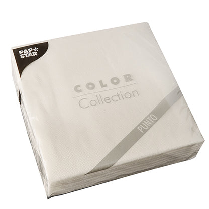 Una confezione sigillata di 30 tovaglioli bianchi a 2 strati "PUNTO" (38x38 cm, 1/4 piega) della PAPSTAR GmbH con un discreto motivo a punti - ideale per una decorazione elegante della tavola.