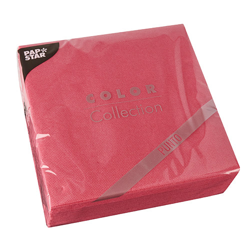 Una confezione di 30 tovaglioli PAPSTAR "PUNTO" in rosso, a 2 strati (38x38 cm, 1/4 piega) in pellicola trasparente con etichetta "Color Collection" e logo PAPSTAR - ideale per una decorazione della tavola elegante.