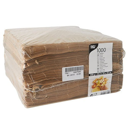 Una confezione da 1000 PAPSTAR Coni di carta (sostituto della pergamena, resistenti al grasso) di PAPSTAR Una confezione ideale per la ristorazione o per le patatine fritte, sigillata in plastica trasparente con un’etichetta informativa bianca.