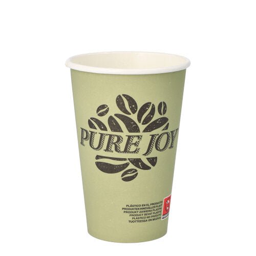 Un bicchiere di carta "Pure Joy" verde chiaro PAPSTAR GmbH (Ø 8 cm, alto 11,7 cm) con motivo di chicchi di caffè e una piccola etichetta rosso-bianca vicino al fondo, raffigurato in verticale su sfondo bianco. La confezione contiene 20 tazze.